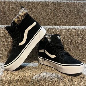 Vans Black and White High-Tops with Leopard Fur